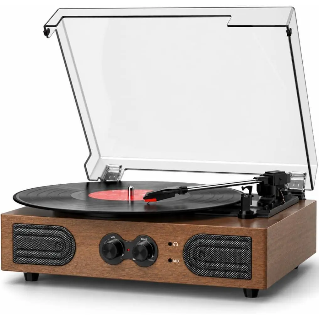 Vinyl Record Player with -in Stereo Speakers  3-Speed Belt-Driven Turntable with Bass/Treble Control, Headphone Jack,  & AUX Outputs, Walnut