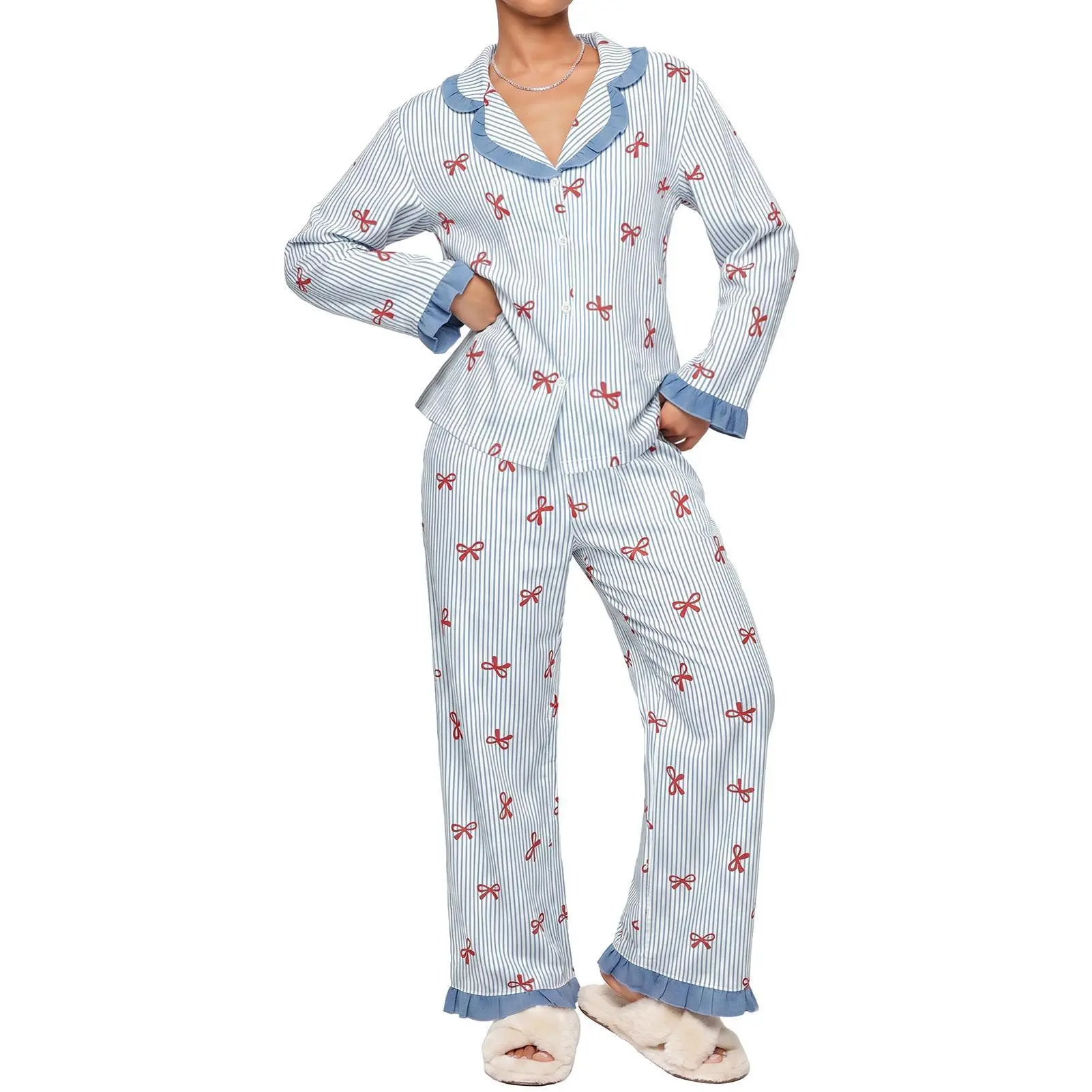 Imily Bela Women Ruffle Collar Striped Bow Print Sleepwear Long Sleeve Button Down Pyjama Set With Side Pockets