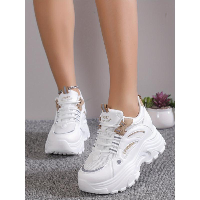 Versatile Comfy Mid-Top Solid Color Mesh Sneakers - Lace Up, Round Toe, Heightening Thick Rubber Sole, Breathable Fabric Upper, All-Season Casual Shoes for Women