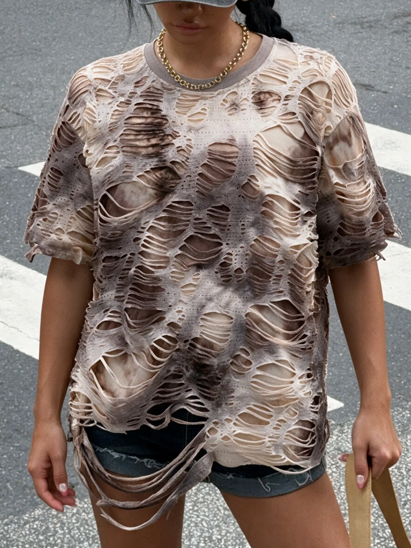 Back-To-School Shibuya Style Tie-Dye Cut-Out Ripped Short Sleeve T-Shirt, Early Autumn American Streetwear Distressed Hole Fringe Top, Unisex Loose Fit Casual Wear
