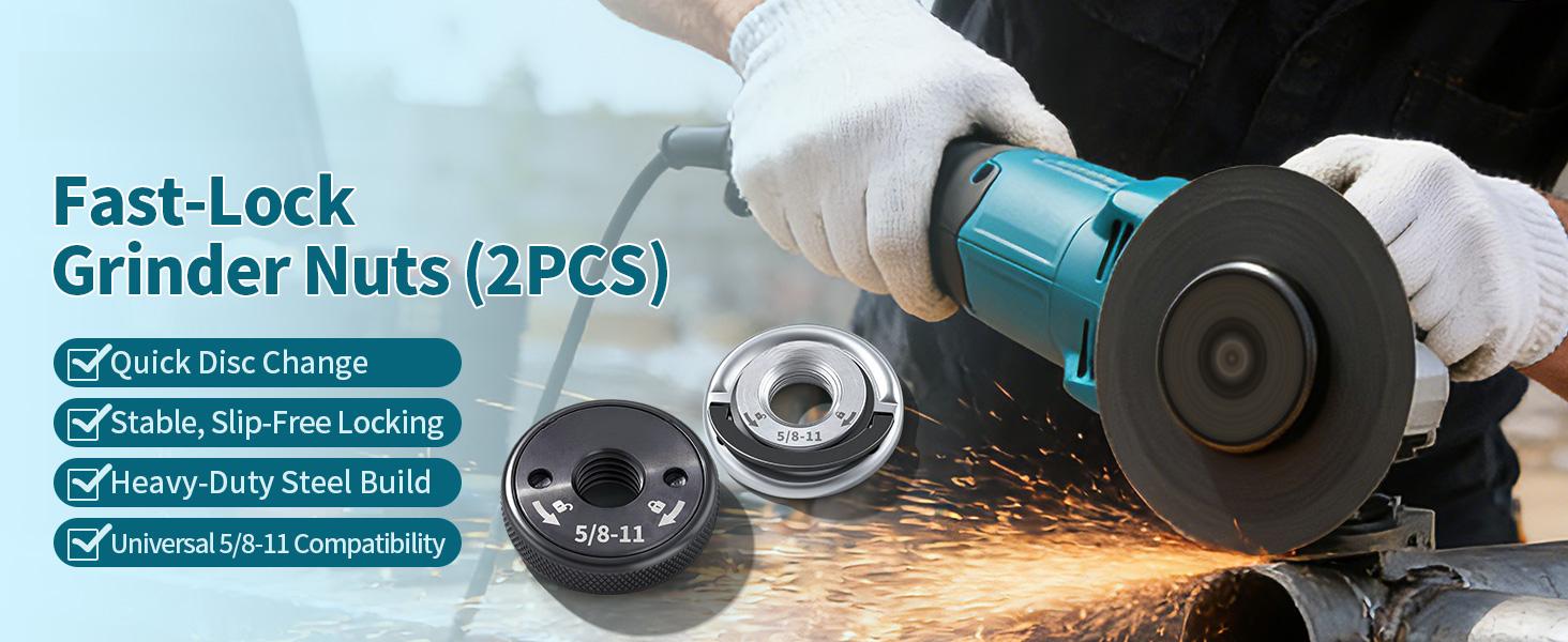 5/8"-11 Angle Grinder Flange Nuts 2-Pack Tool-Free Quick Release Locking Kit Silver D-Ring Knurled Arbor Nut Heavy Duty Self-Locking for 4-1/2 5 7 9 Inch Grinders Must Have DIY Tool Upgrade