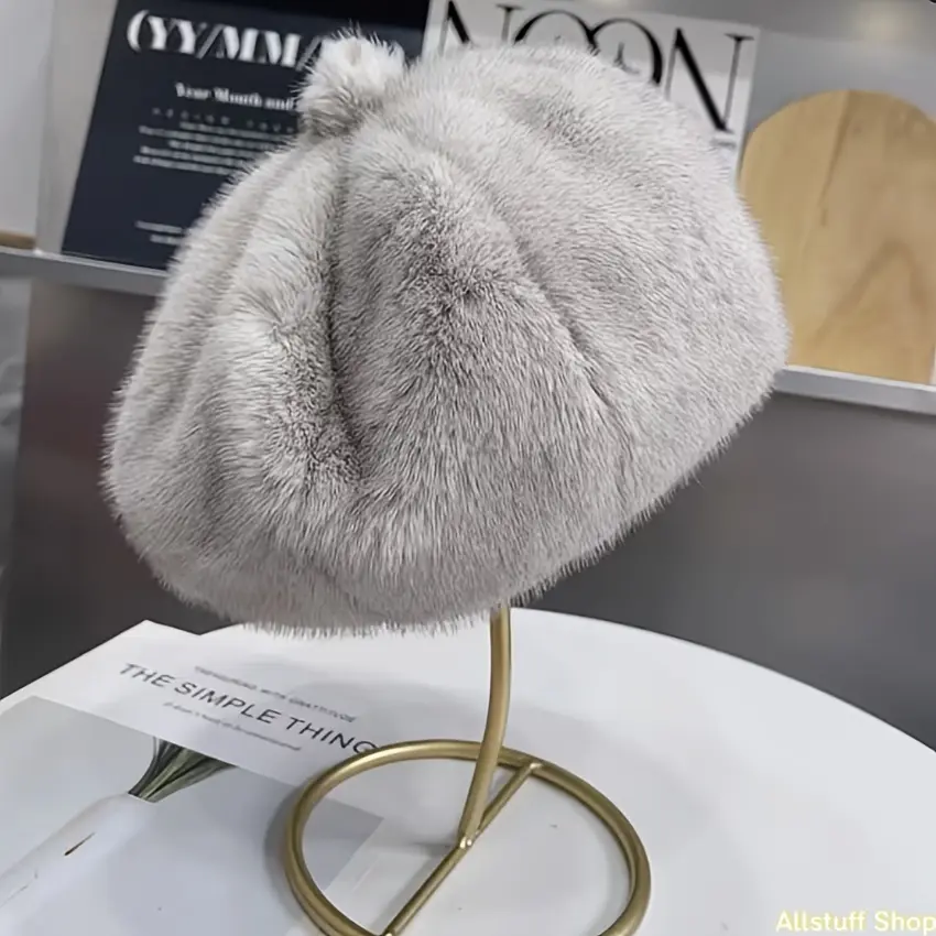 Korean Retro Imitation Mink Beret - Painter Hat, Thickened Versatile Winter Warm Sport-Ready Headwear with Beret Shape & Warmth Boost, Available in White, Gray, Brown, Beige, Black