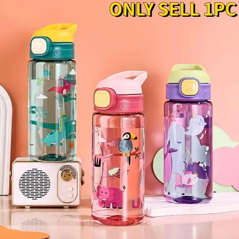 Cartoon Animal Print Straw Cup 600ML, Dinosaur Elephant Whale Design, Portable Anti-Drop Water Bottle, Travel Home Party Outdoor Gift