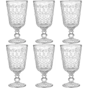 Set of 6 Vintage Wine Glasses, 10oz Clear Glass Goblet, Handmade Pressed Water Drinking Cup with Stem for Party, Wedding