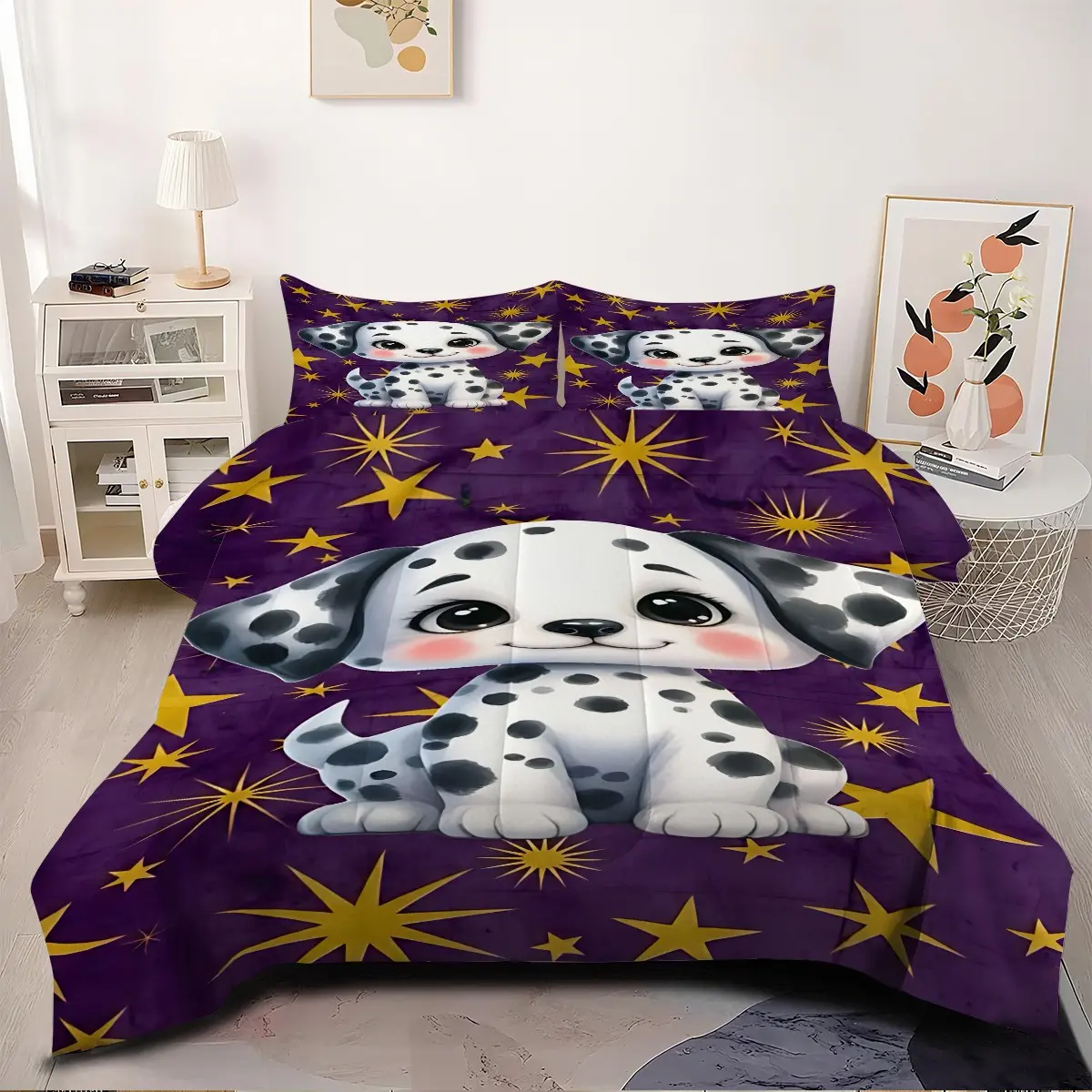 2/3Pcs Cute Dalmatian Puppy Quilt Set, Vibrant Starry Purple Bedding Set, Soft Breathable Quilted Quilt, 3D Digital Print Comforter, Perfect Cozy Bedroom Decor for Kids, Girls and Dog Lovers, 1 or 2 Pillowcase No Pillow Core