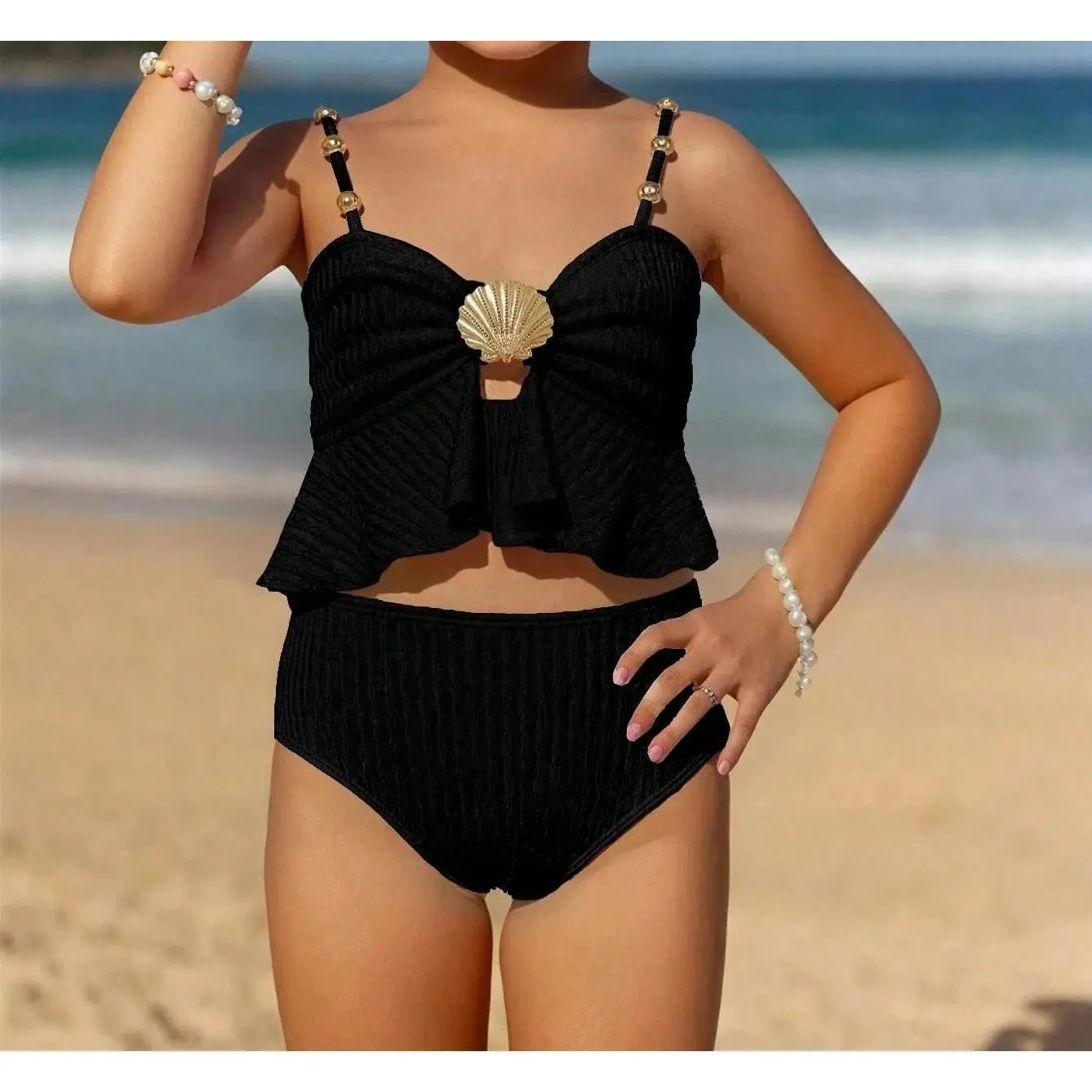2026 Cute Solid Color Young Girl Swimwear SwimSuits Summer Beach Swimming Kids Girl 2pcs Tankini Sets Bathing Suit 4Y To 7Y