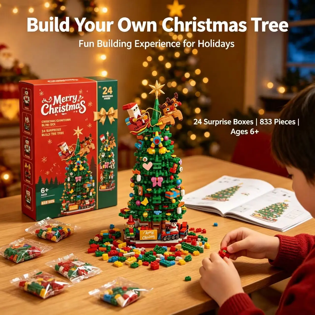 Christmas Building Blocks Creative Assembly Toy, Kids Christmas Craft DIY Puzzle Gift, Educational Christmas Scene Construction Set