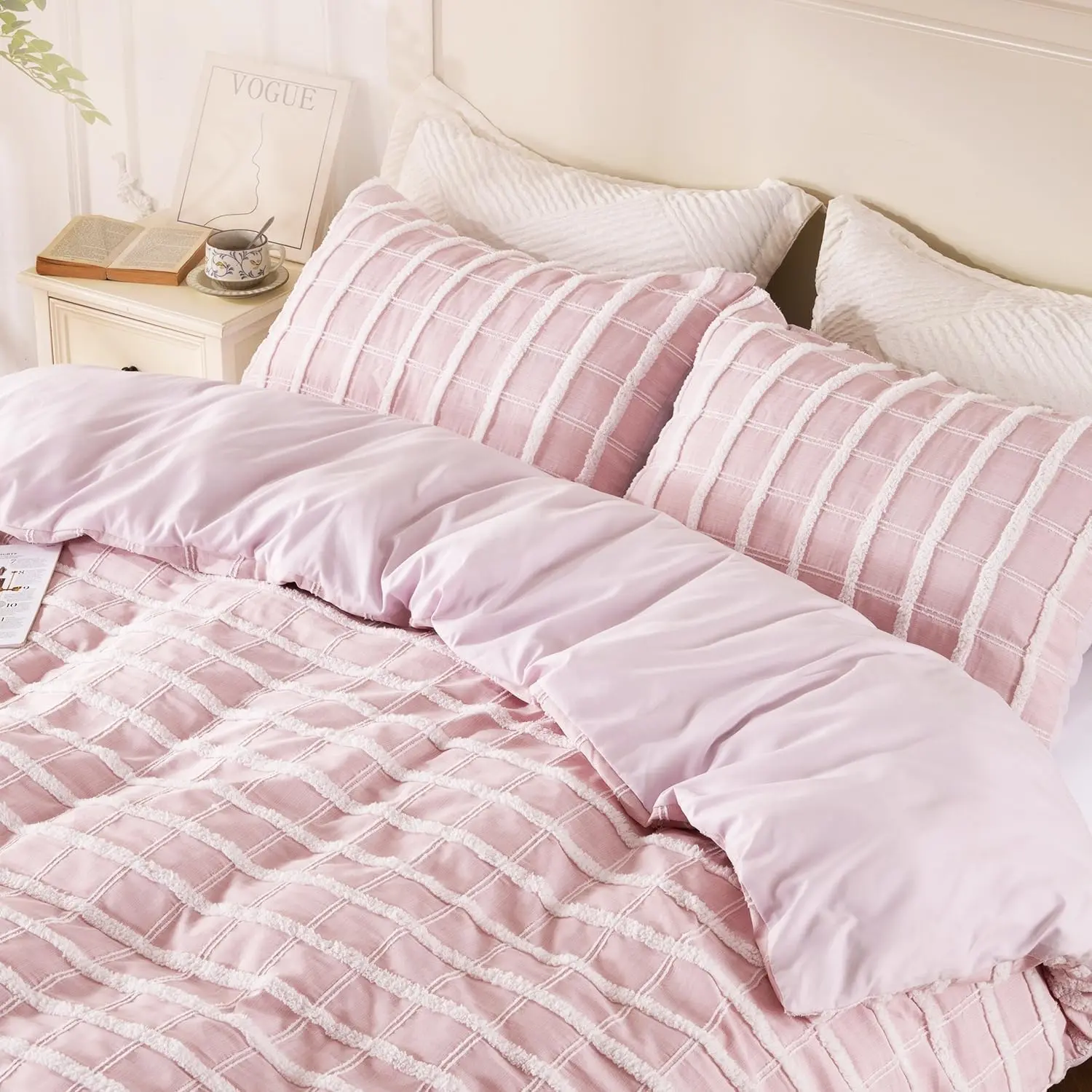 Pink Gingham Tufted Queen Duvet Cover Set, 3 Pcs Soft Fuzzy Comfortable Textured Boho Bedding Comforter Cover, Includes 1 Cute Checkered Duvet Cover 2 Pillowcases (Pink, Queen)