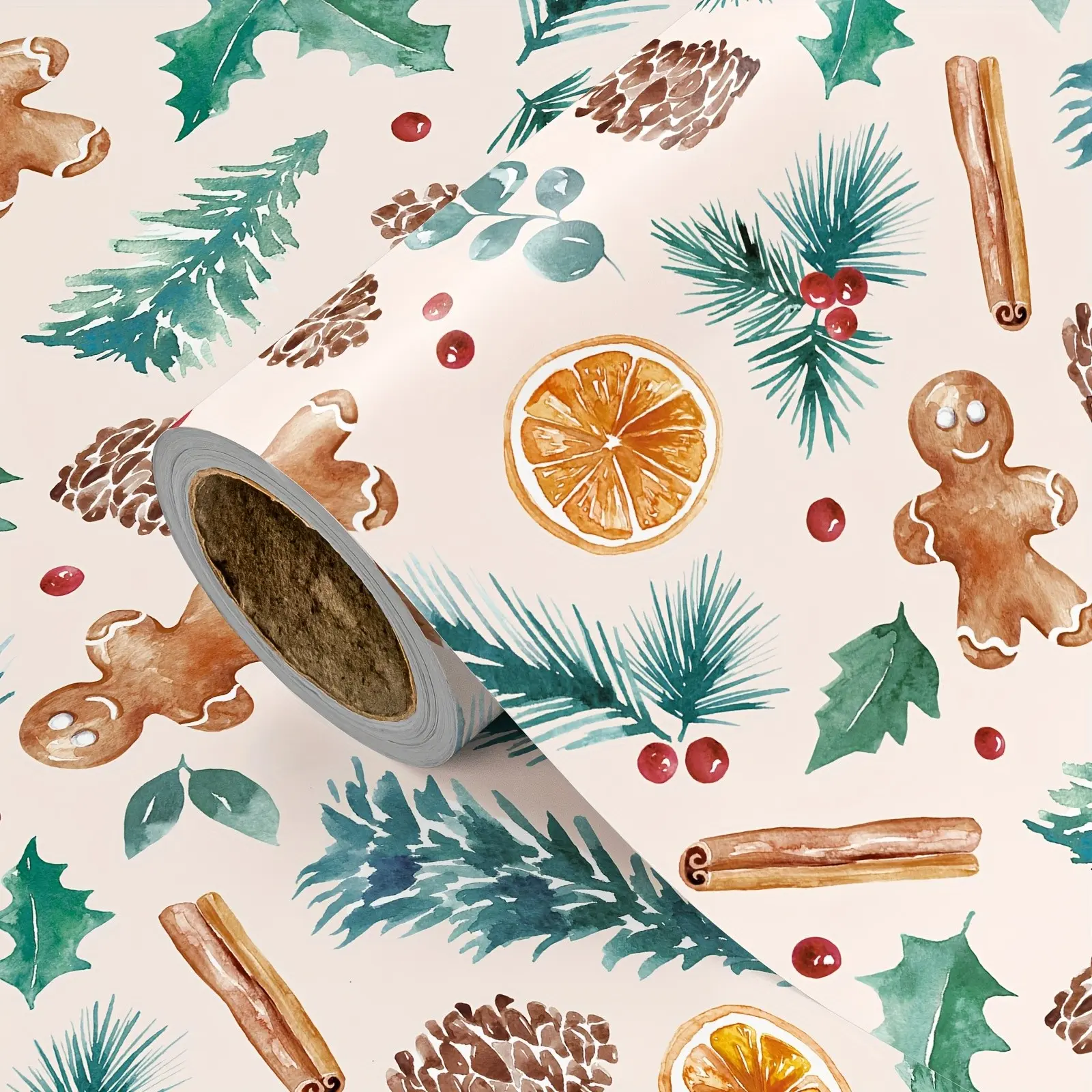 Christmas Watercolor Forest Packaging Paper, Gingerbread Man & Dried Slice Pattern, 43cm X 500cm, Ideal for Gift Wrapping, Party Decor, DIY Crafts