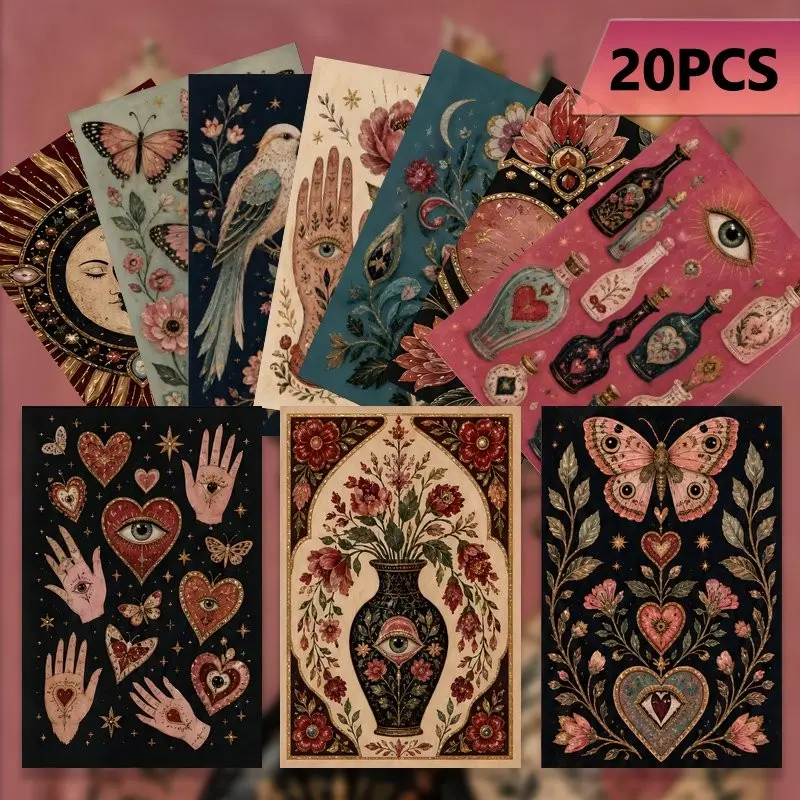 20 Pcs Vintage Witchy Art Postcard Set, Celestial Floral Snake Pattern Decorative Postcards, Multipurpose Stationery for Wall Display, Mailing, Scrapbooking and Junk Journal Making