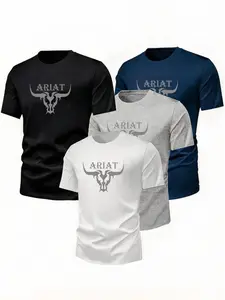 4-Pack Men's Basic Print Short Sleeve T-Shirts, High Stretch Soft Breathable, American Country Bull Design, Versatile Casual Wear