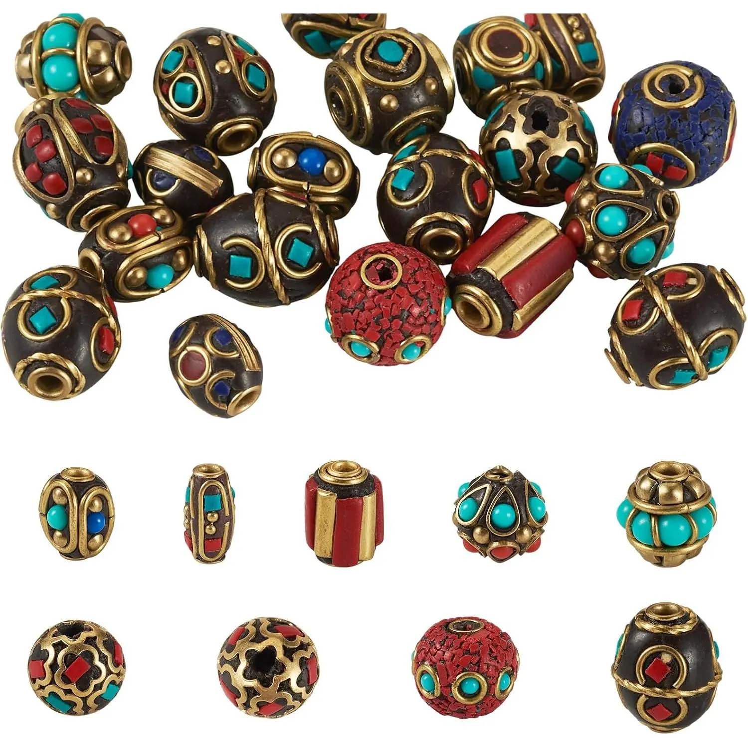 20 count Tibetan Style Turquoise Beads Round Column Oval Bead  Shapes Spacer Beads Brass  Buddha Loose Bead for  Making Bracelet Necklace DIY Crafts