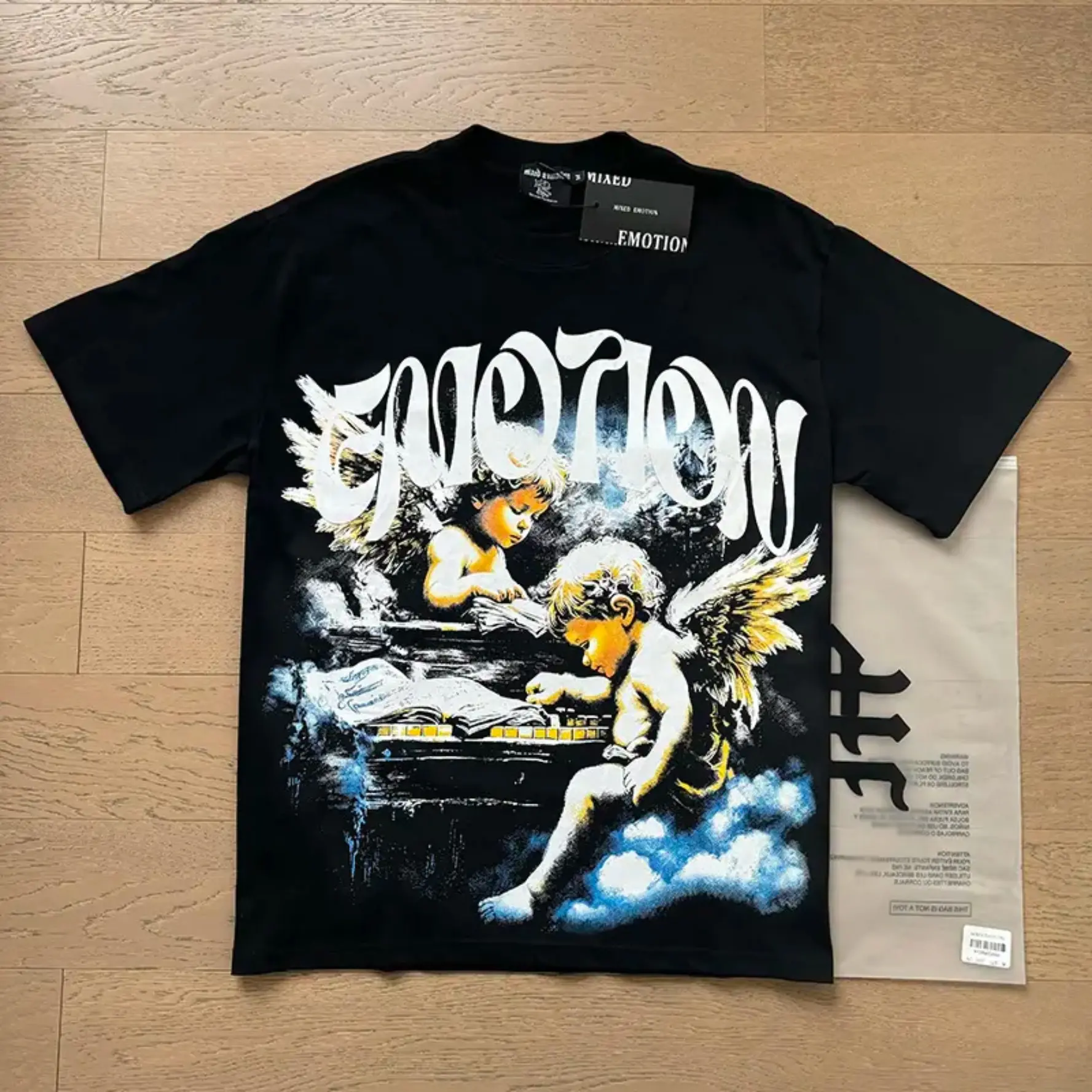 Unisex 100% Cotton Short Sleeve Tops, Mixed Emotion Cupid Rhinestone Graphic, Gothic Print Back Letter, Loose-Fit Black Tees, Machine Washable Autumn Casual Streetwear (All Seasons Compatible)