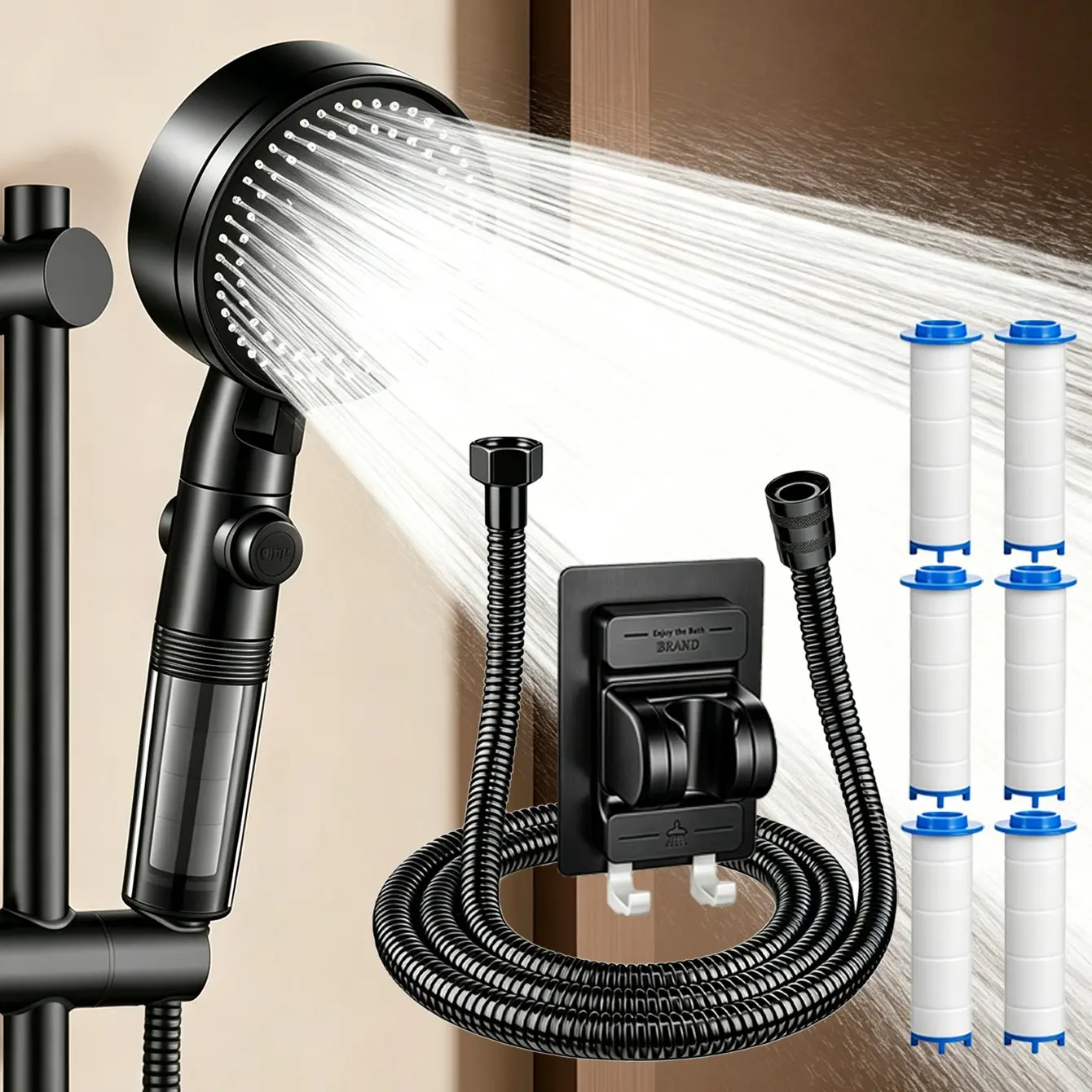 High-Pressure Water-Saving Shower Head, 5 Modes, Filter, Mounting Bracket, Hose Included, Efficient and Durable Design, Modern Spray Shower, Filtered Shower Head High Pressure