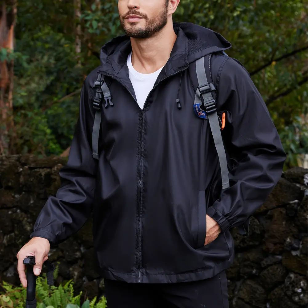 Men's Lightweight Windbreaker Jacket, Waterproof Rain Coat with Removable Hood, Breathable Zippered Outerwear for Hiking Travel Running, essential piece, wardrobe staple, must have item, everyday wear