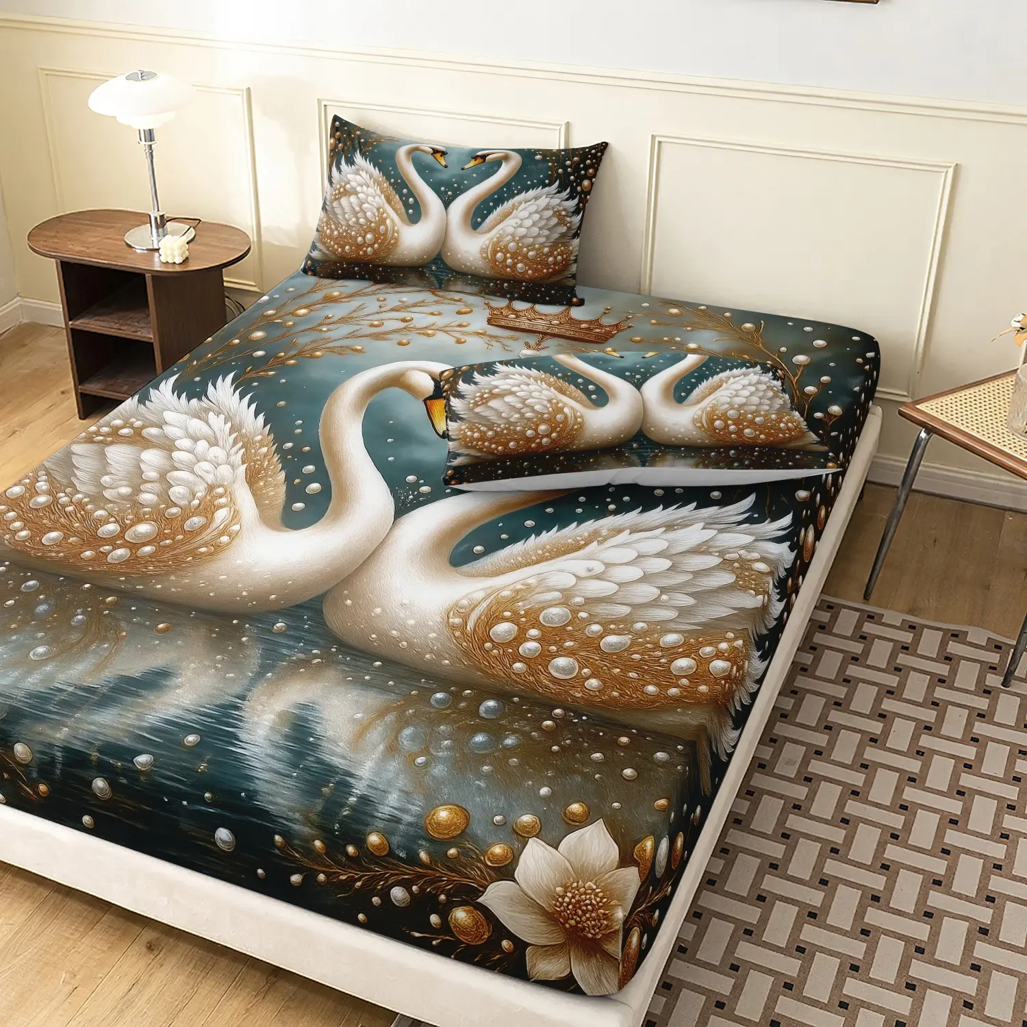 3 Pieces Dark Teal Lake Double White Golden Swan Print Fitted Sheet Set, Luxury Pearl Floral Branch Water Reflection Romantic Animal Print Bedding, Microfiber Elegant Aesthetic Bedding Decor for Adults Couples (1 Fitted Sheet + 2 Pillowcases, No Pillow)