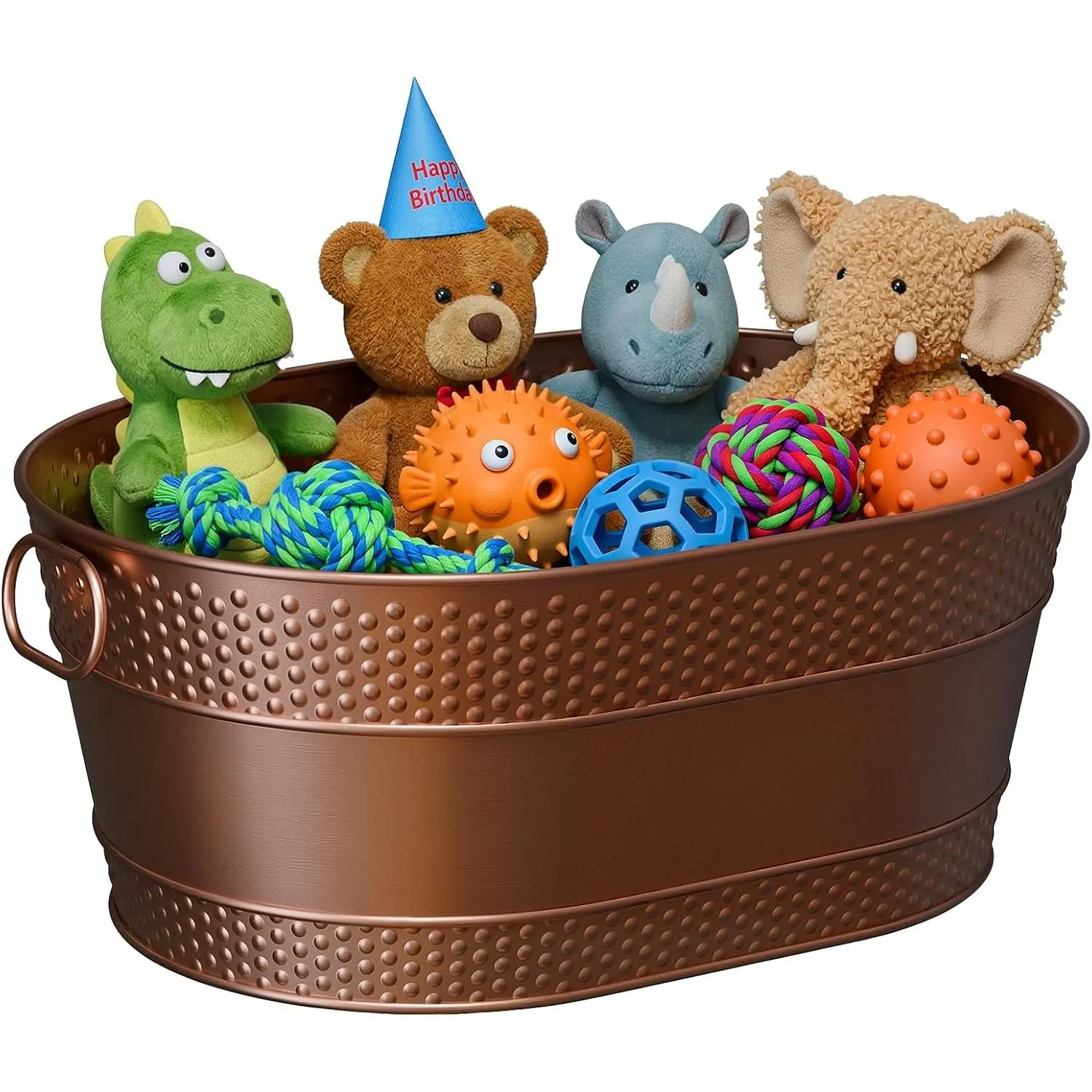 Indestructible Metal Dog Toy Bin: Copper Pet Toy Storage Basket for Living Room Area, Sturdy Chew Proof Puppy Toy Box with Handle, Large Capacity 25-Quart (1 Pack, Copper, Oval)