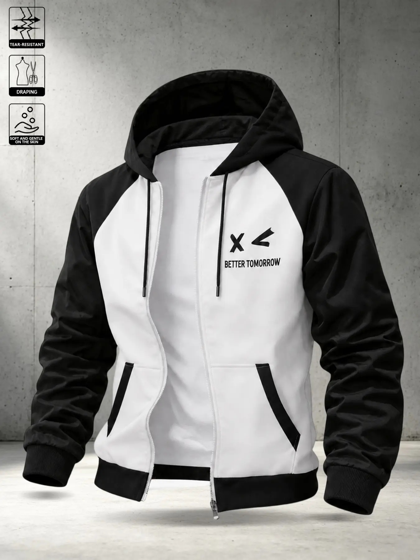 Men's Hooded Flying Jacket, Colorblock, Smile Print, Zipper Closure, Casual Long Sleeve, Loose Fit, All Seasons