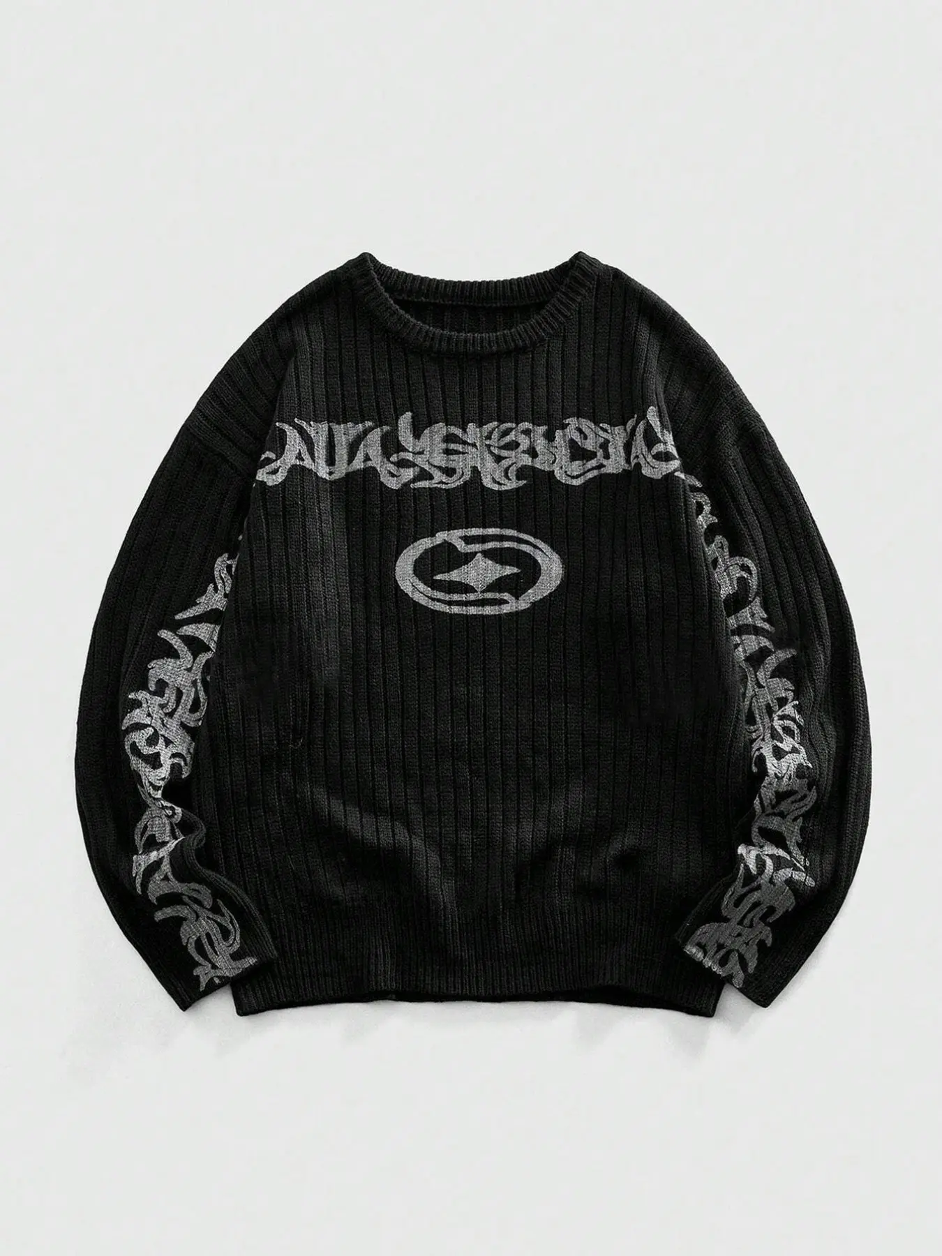 Men's Y2K Dark Aesthetic Pullover Knit Sweater, Rough Vertical Groove Texture, Vintage Floral English Letters, Long Sleeve, Casual Streetwear