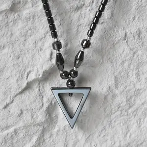 Magnetic Hematite Tube Beads Triangle Pendant Necklace for Men Gift 45cm