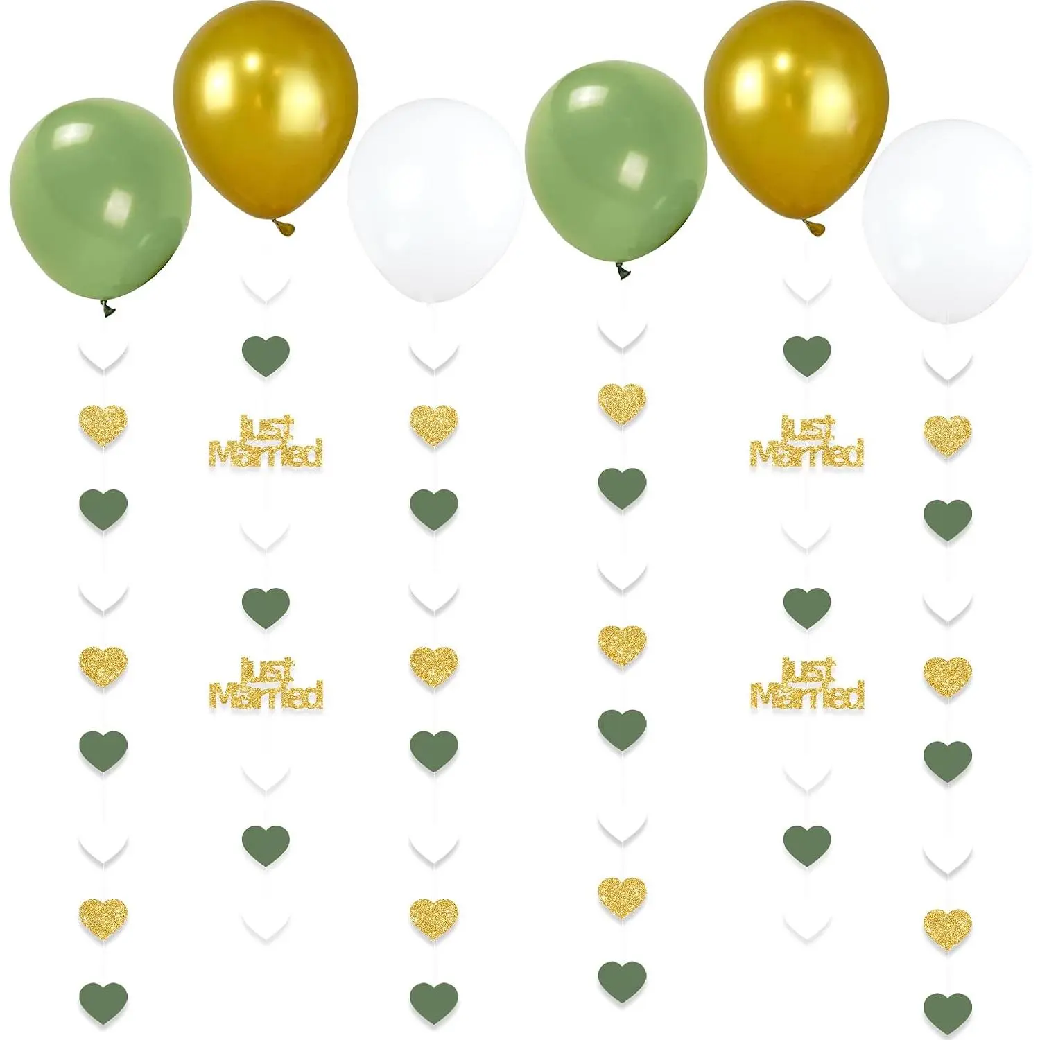 Sage Green Just Married Wedding Party Decorations /Green/White Heart Just Married Garland and Balloons for Wedding Bridal Shower Party