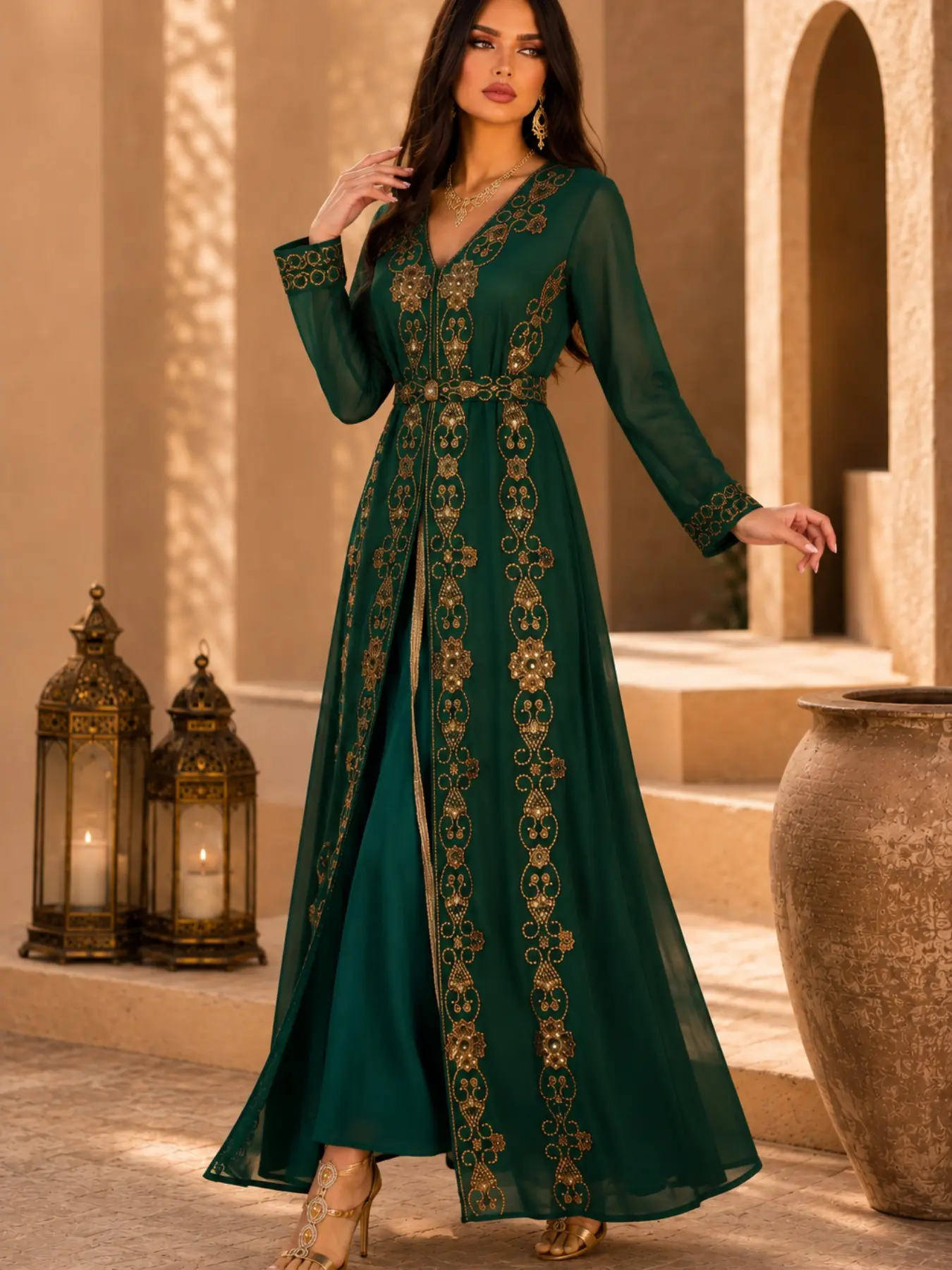 Women's Embroidered Kaftan Dress, Elegant Long Sleeve Maxi Dress, Belted Design, Perfect for Evening Parties, All-Season Wear