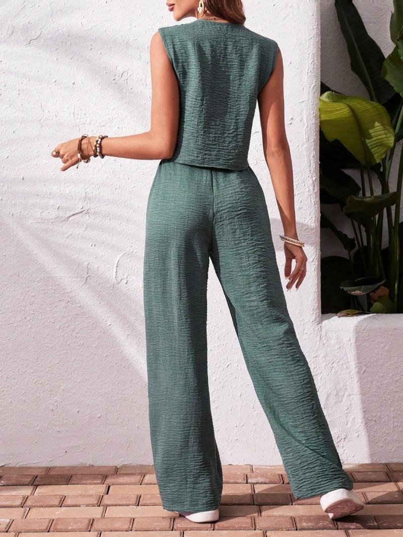 Women's Solid Color Tank Top & Wide Leg Pants Two-piece Set, Casual Sleeveless V Neck Top & Pants for Daily Wear, Ladies Two-piece Outfits for Summer