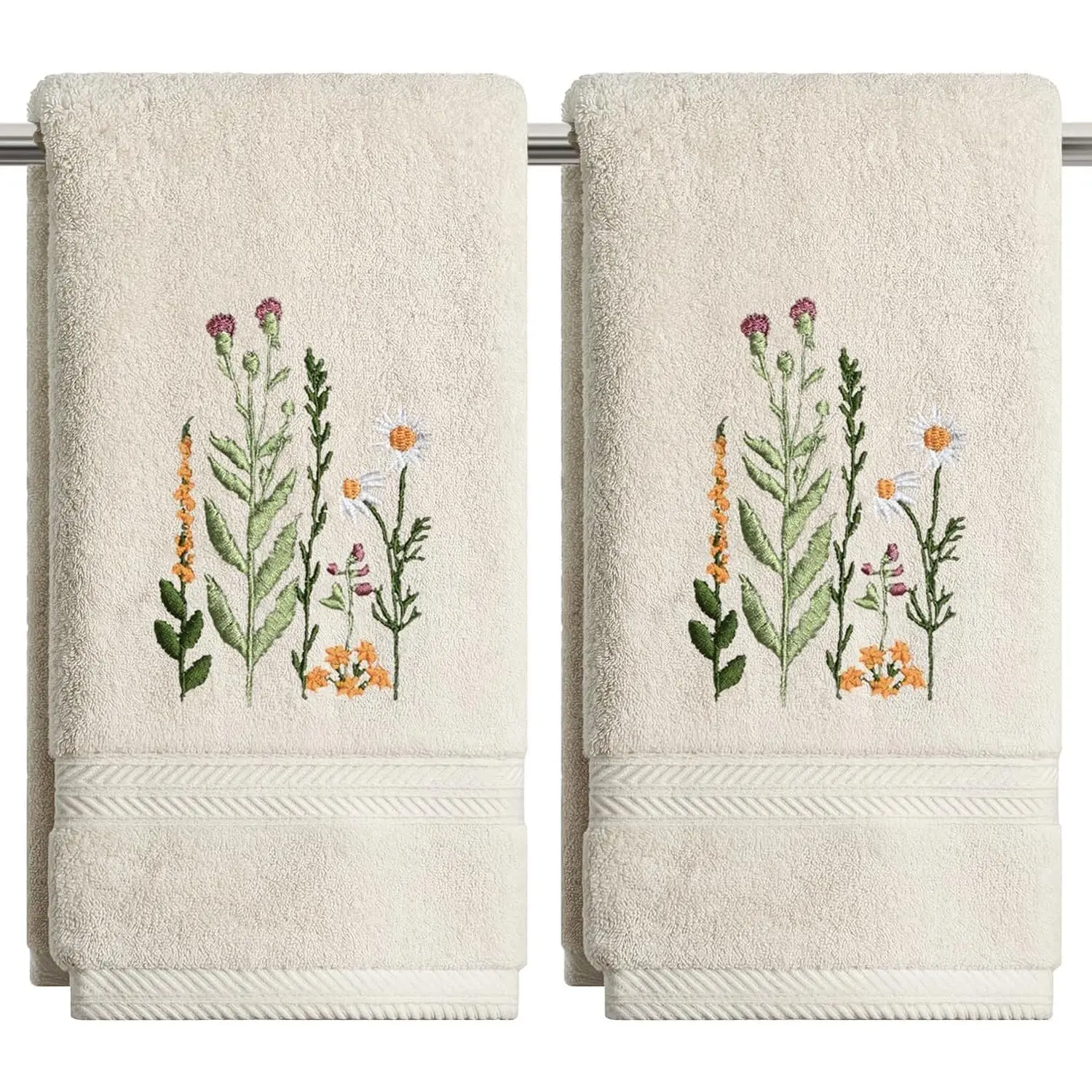 Unisex 2-Pcs 100% Cotton Terry Face Towels - Soft, Absorbent, Lightweight Beige Wildflower Embroidered Towels for Bathrooms, Machine Washable, Farmhouse Decor, Ideal Gift, 13.7x29.5in, Kitchen, Vacuum Packed