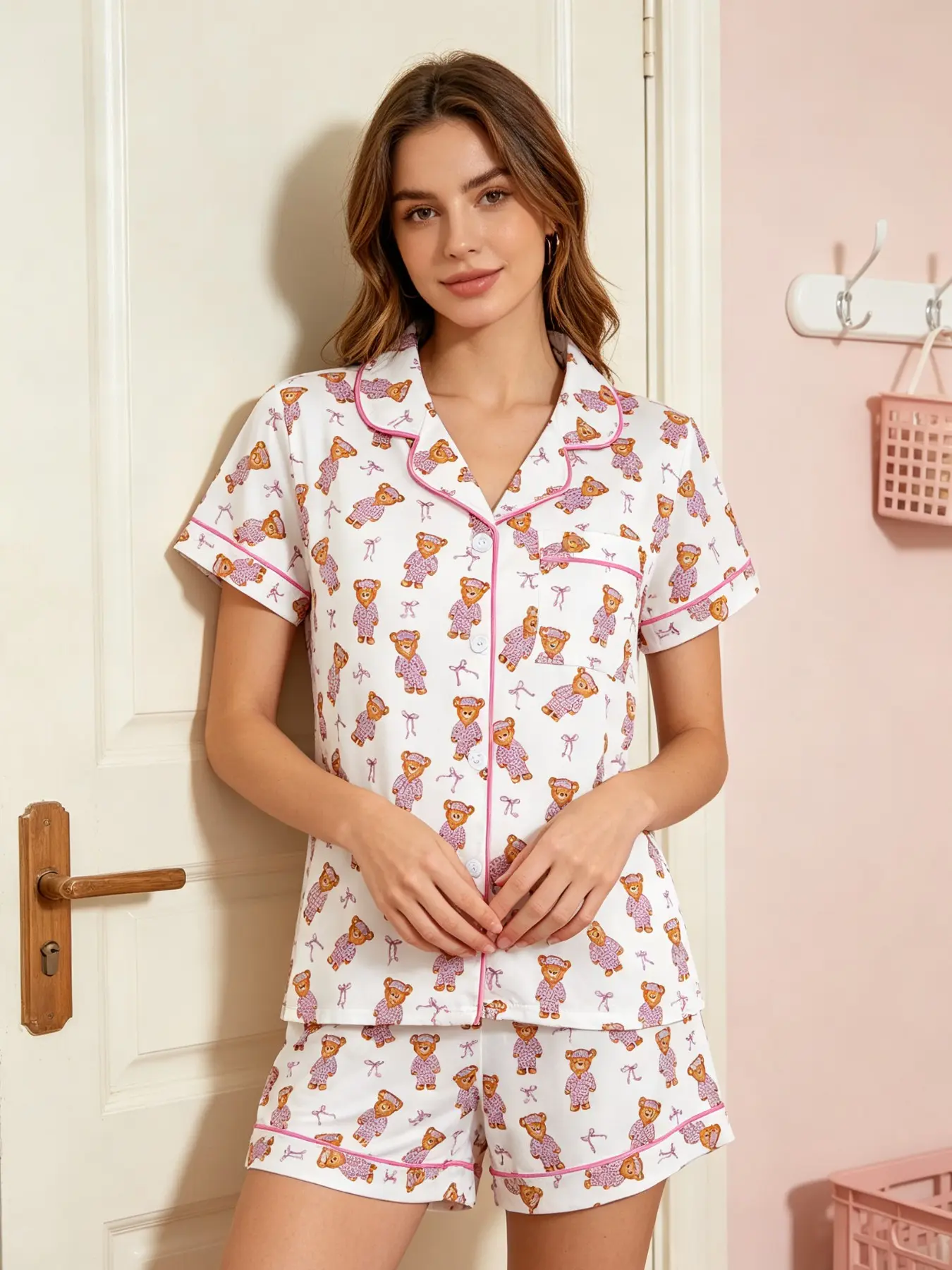 Teddy Bear Bowknot Pajama Set for Women, Cute Animal Print, Fitted Short Sleeve, All Seasons, Home & Outdoor Wear, Soft and Cozy