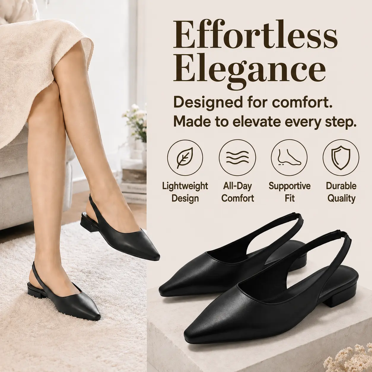 Women's Pointed-Toe Slingback Flats - Elegant Low-Heel Dress Shoes, Comfortable Slip-On Casual Sandals for Work & Everyday Wear,open,spring,summer,stylish,girl