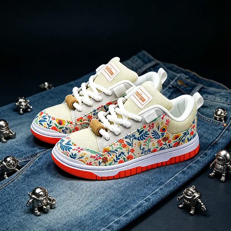 Vintage Floral Print Patchwork Skate Shoes Unisex Chunky White Rope Laces White Red Two-Tone Platform Sole Cute Garden Casual Board Sneakers for Women Teens Streetwear