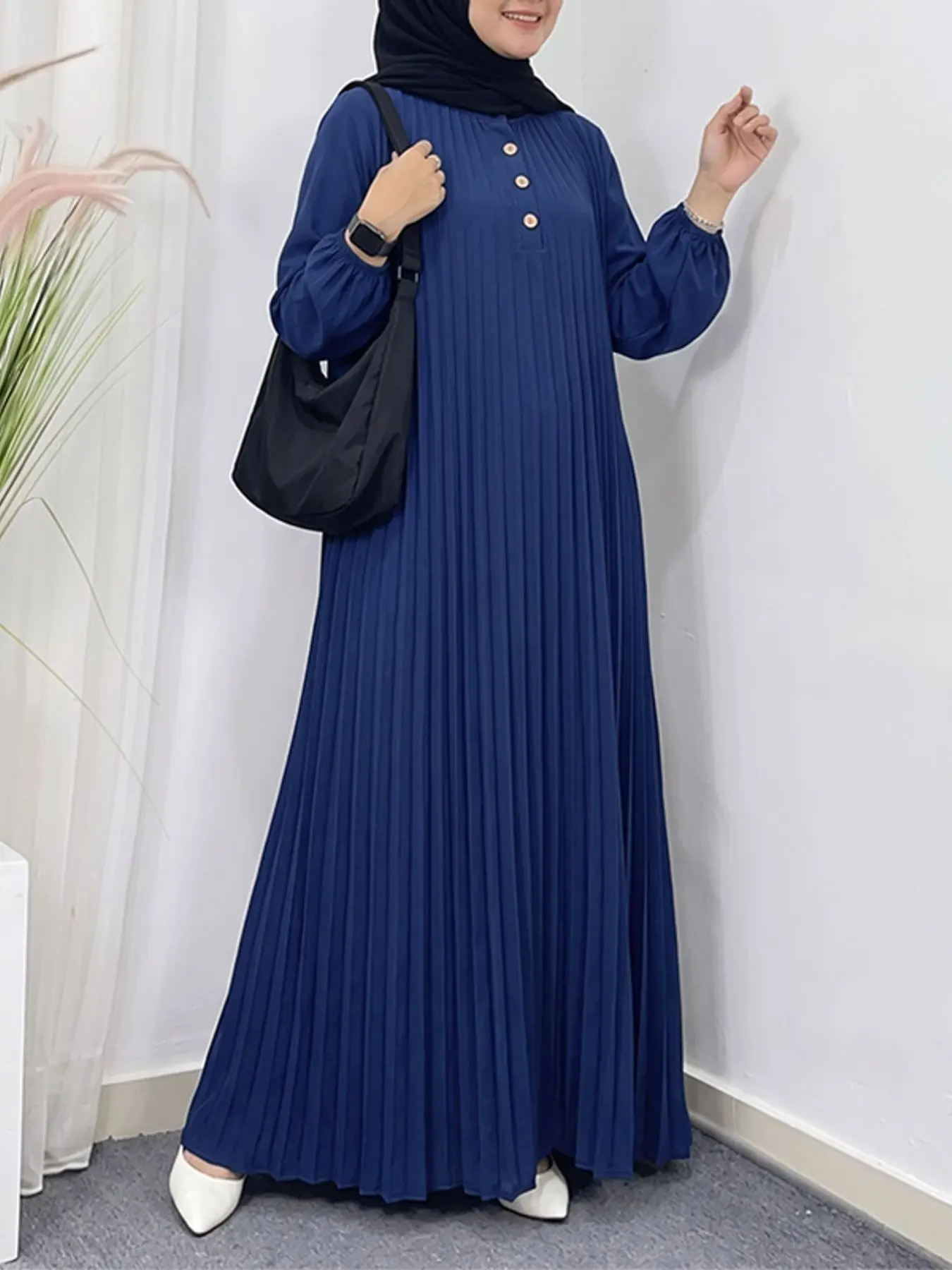Women's Casual Fashion Dress, Stand Collar Long Sleeve Dress, No Pockets, Loose-Fitting, Spring & Fall, Daily Wear, Modest Islamic Clothing