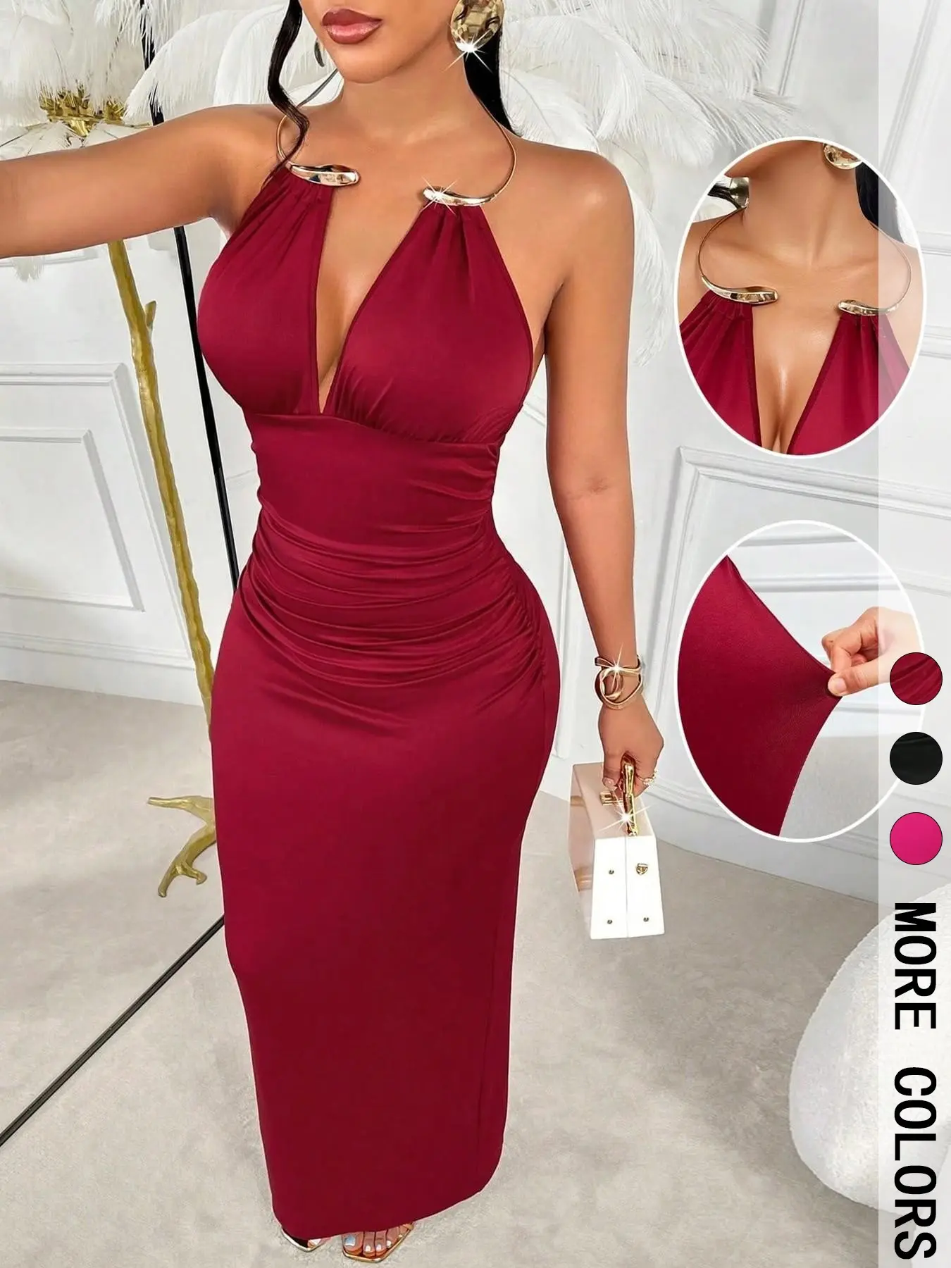 Women's Metal Ring Halter V-Neck Strapless Evening Dress, Back Split Design, Waist Cinch, Floor-Length, Party/gala/birthday Gown