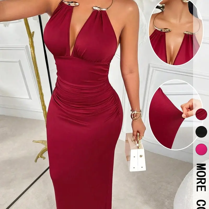 Women's Metal Ring Halter V-Neck Evening Dress, Floor-Length Gown with Back Split and Cinched Waist, Formal Wear for Party, Gala, Birthday, and Slit Formal Dress