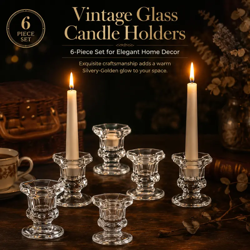 Vintage Glass Candle Holders Set Of 6 Elegant Clear Candlesticks For Home Decoration