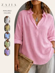 Women's Casual Basic Linen Look Shirt, Loose Fit V Neck Button Blouse, Soft Breathable Tunic Top, Ideal for Vacation & Daily Wear