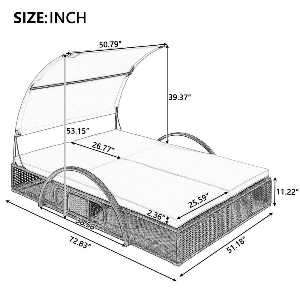 Outdoor steel-frame sun loungers with adjustable backrests; double patio sunbeds featuring hidden side tables and curved armrests; ideal for patios, pool decks, gardens, backyards, and other outdoor spaces