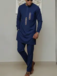 Muslim Men's 2-Piece Set African Boubou Long Sleeve Embroidered Ethnic Suit, Elegant Formal Wear for Festivals Weddings Parties Gifts