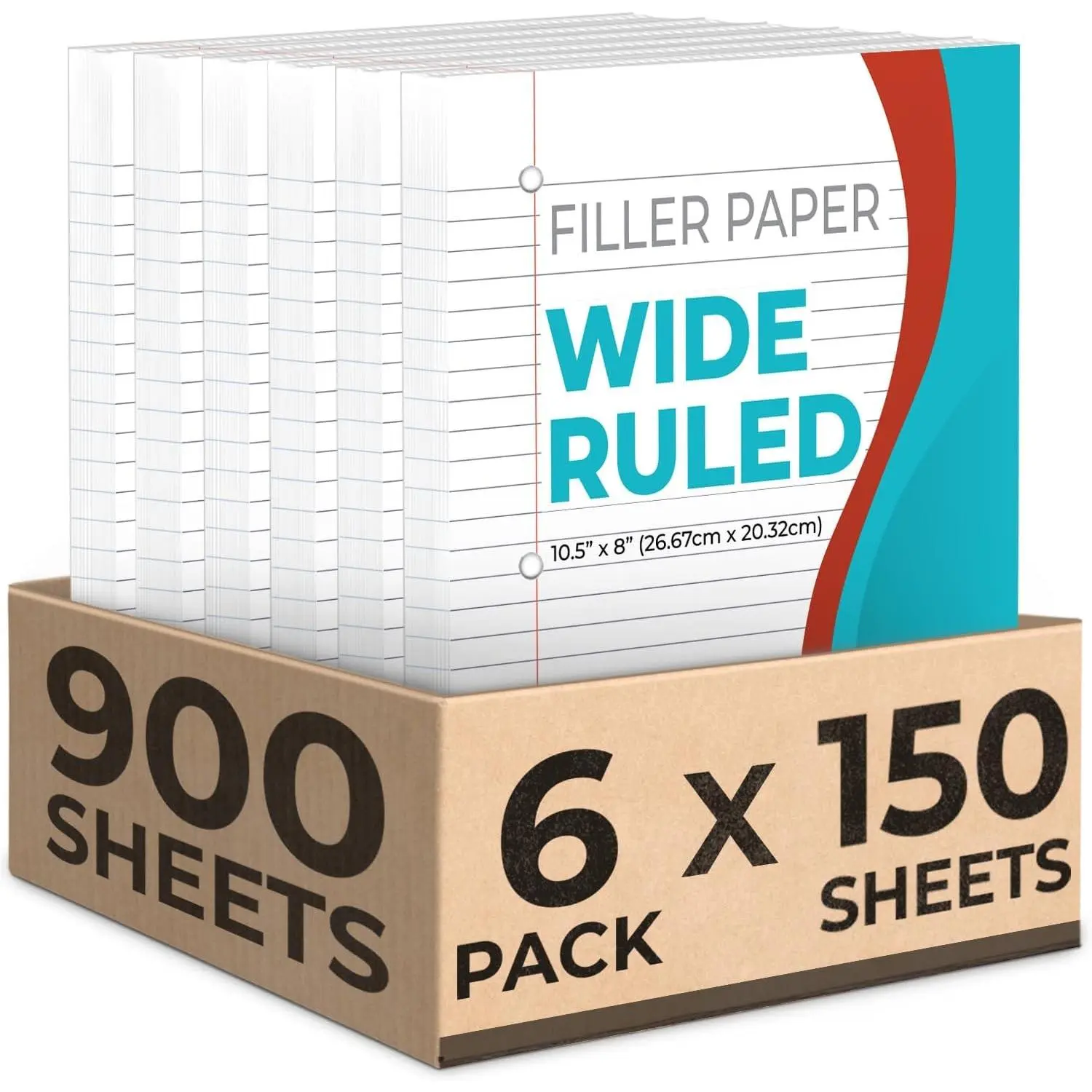 900 Sheets Loose Leaf Paper, 6 Pack, Wide Ruled Filler Paper, 8" x 10.5", 3 Hole Punched, 150 Sheets/Pack, Notebook Paper for Binder, WhiteGift