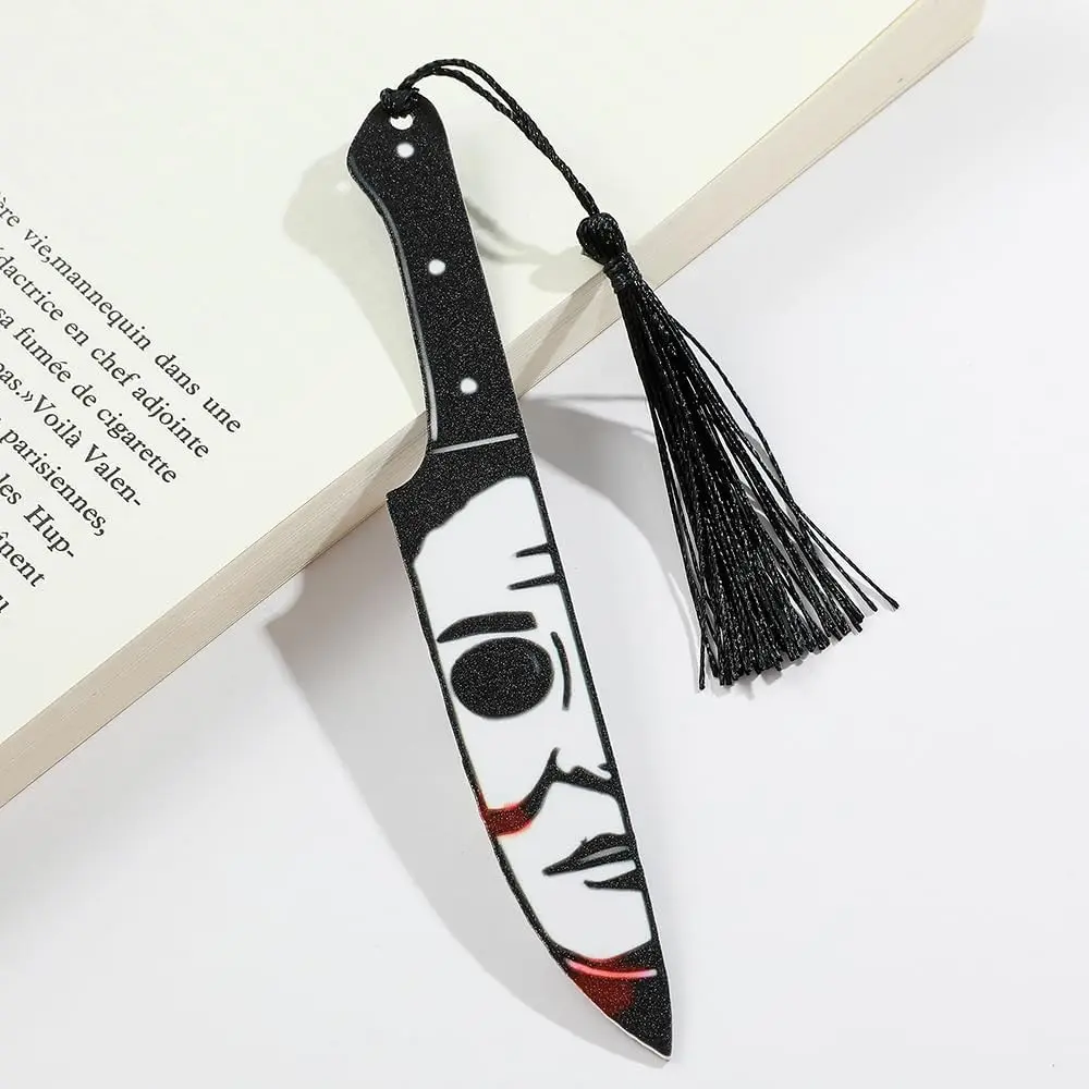3 Pack Acrylic Bookmark Set, Gothic Horror Bloody Mask Dagger, Scary Knife Shape with Tassel, Halloween Gift for Book Lovers