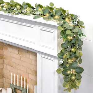 6 Ft Artificial Eucalyptus Garland with 30 Warm White LED Lights - Silver Dollar Olive Leaf Greenery for Wedding Arch, Backdrop, Indoor & Outdoor Home Decor, Table Centerpiece