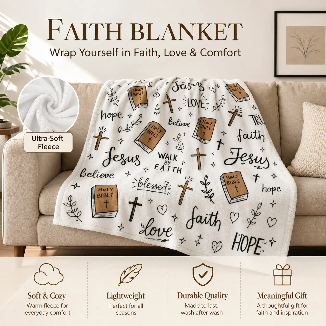 Ultra Soft Fleece  Faith Blanket, Thin Light Air Conditioning Quilt, Ideal Cover for Daily Home, Office Lunch Break, Camping Travel