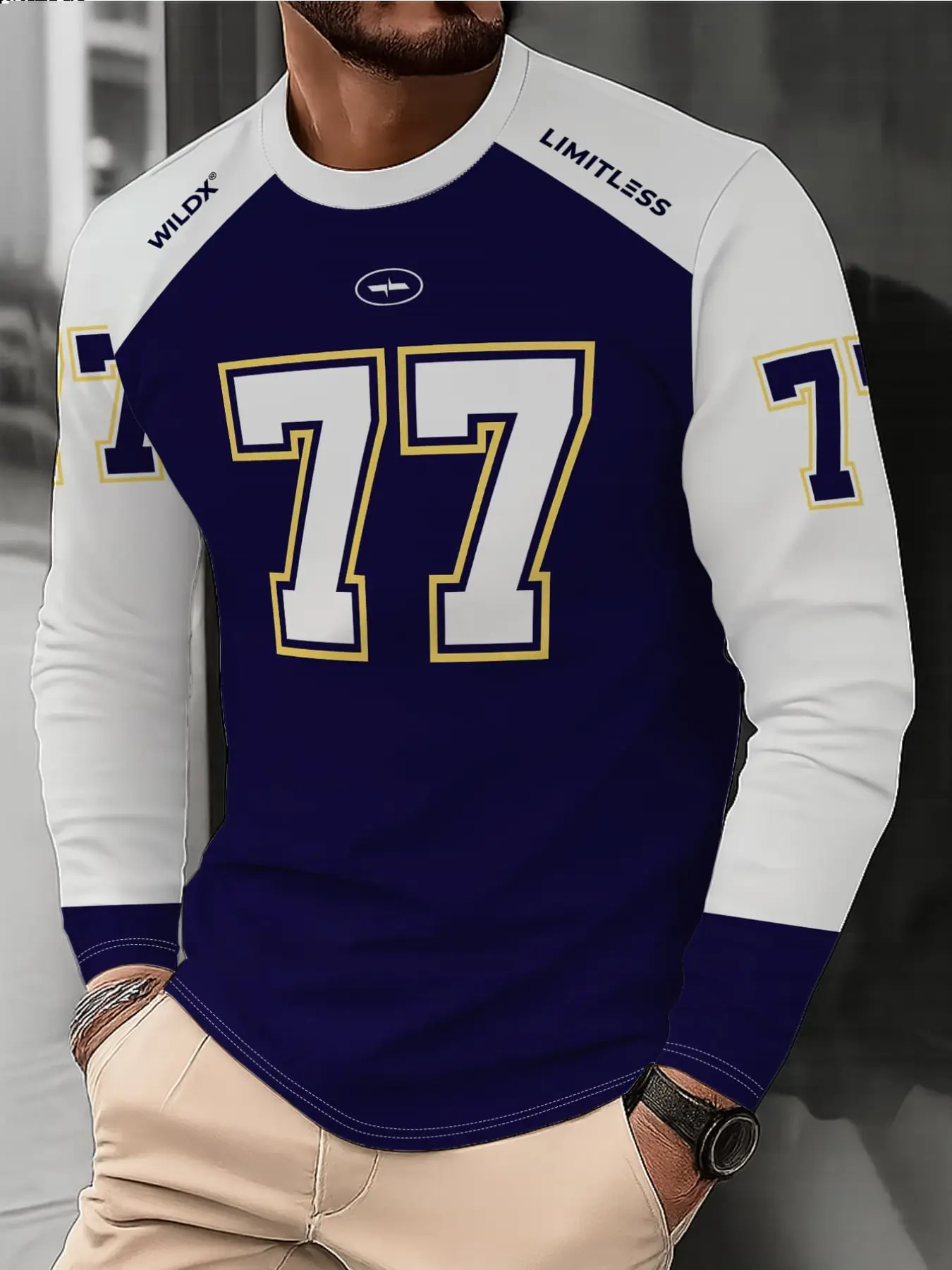 Men's 77 Baseball Long Sleeve T-Shirt, Wildx Limitless Letter Print, Soft Fabric, Vintage Sport Streetwear, Casual Slim Fit