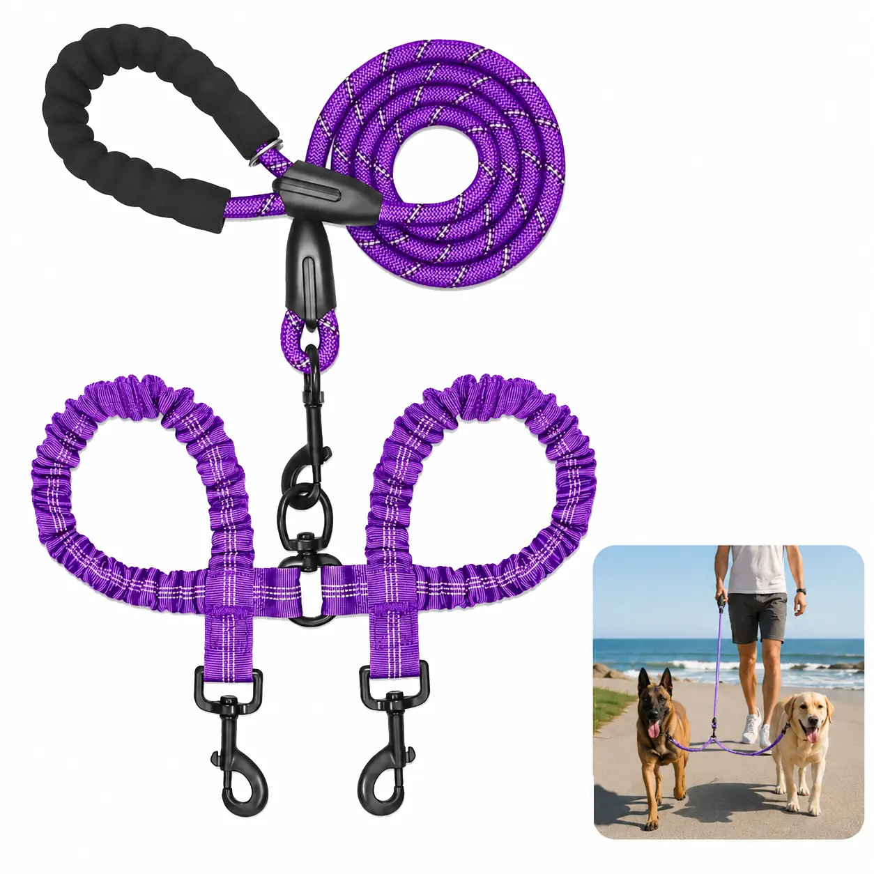 Purple Reflective Elastic Nylon Fabric Retractable Dual Dog Leash - Heavy-Duty, Anti-Tangle Double-Head Walking Lead for Medium & Large Dogs, Pet Supplies