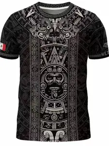 Aztec sunflower patterned Mexican style Cultural shirt, slim casual streetwear, suitable for all seasons long sleeved top, ethnic style, tribal style, animal pattern and geometric pattern printed jersey, Menswear