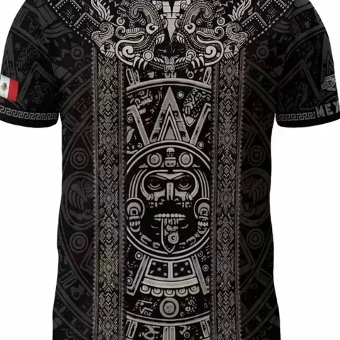 Aztec Mexican Cultural Printed Men's Long Sleeve Shirt, Slim Casual Streetwear, All-Season Ethnic Tribal Geometric Printed Top, Geometric Pattern Tees