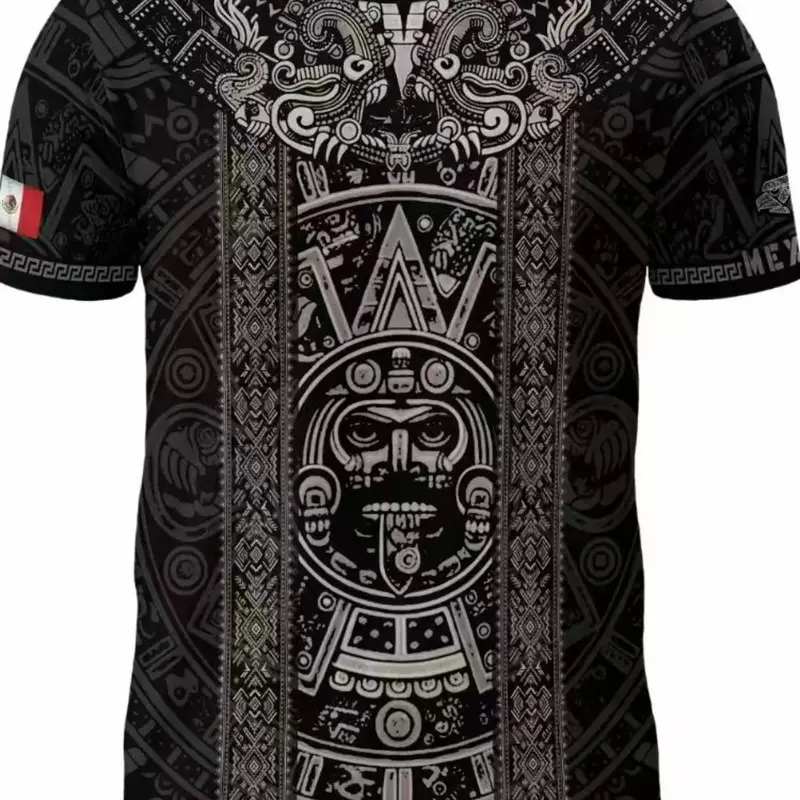 Aztec Mexican Cultural Printed Men's Long Sleeve Shirt, Slim Casual Streetwear, All-Season Ethnic Tribal Geometric Printed Top, Geometric Pattern Tees