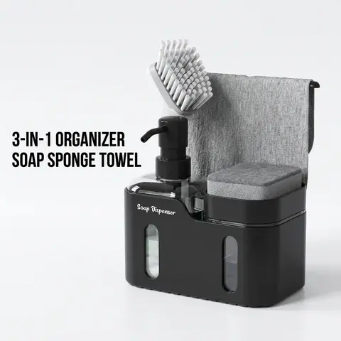 3 in 1 Kitchen Plastic Soap Dispenser with Towel Rack, 1 Count Dish Soap Dispenser with Sponge Holder, Kitchen Sink Soap Dispenser, Soap Container, Kitchen Utensils & Gadgets