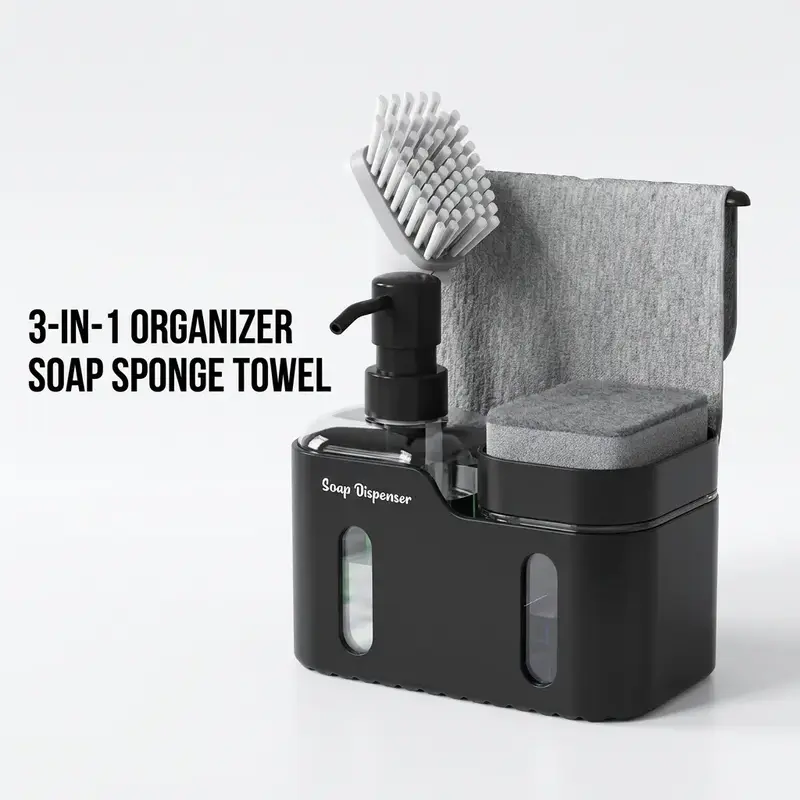 3 in 1 Kitchen Plastic Soap Dispenser with Towel Rack, 1 Count Dish Soap Dispenser with Sponge Holder, Kitchen Sink Soap Dispenser, Soap Container, Kitchen Utensils & Gadgets