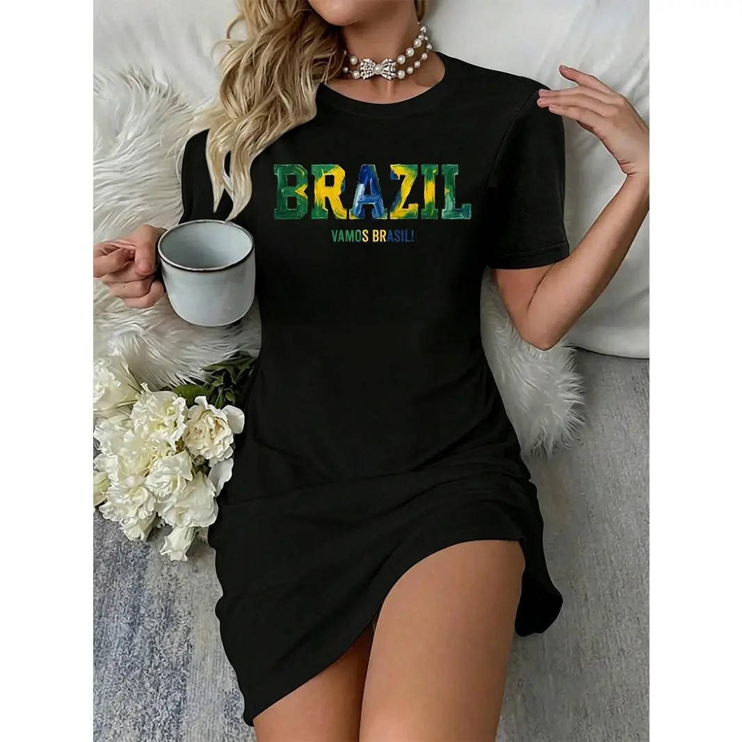Women's Oversized Brazil Flag Graphic T-Shirt Dress, Casual Short Sleeve Streetwear Mini Dress for Daily Wear, Spandex, Breathable, Shortsleeve, Lightweight, Short Sleeves, Lady, Fabric, Cold Wash, 300G, Dates, Do Not Dry Clean